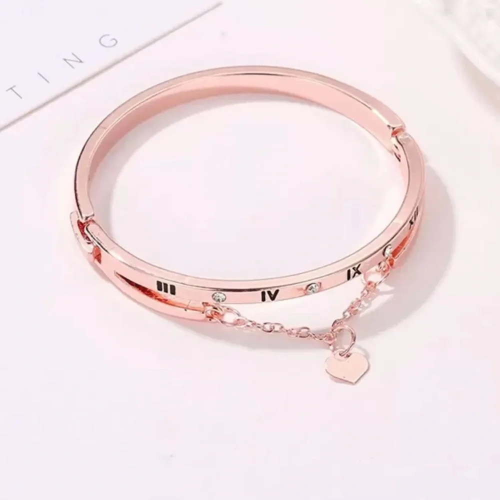 Rose Gold Bangle Bracelet with Heart Charm, Rose Gold Roman Numerals Bracelet